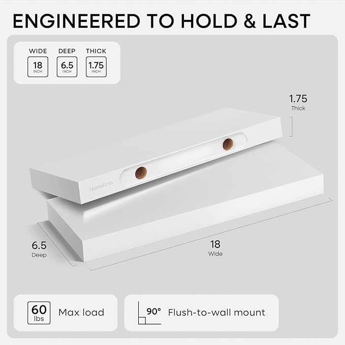 Homeforia White Floating Shelf 18 inch, High End Solid Real Wood 18inch Bathroom Floating Shelves for Wall Mounted, White Wooden 18in Floating Shelves, Heavy Duty Bracket, 18 X 6.5 X 1.75 in, Set of 2