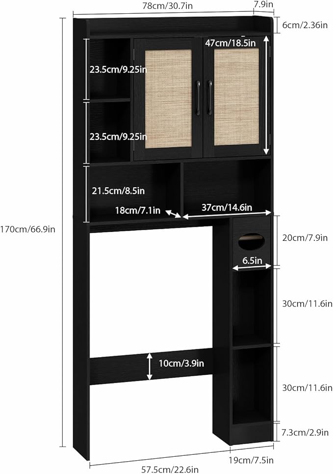 RUSTOWN Rattan Over The Toilet Storage Cabinet, Boho Over Toilet Bathroom Organizer with 2 Doors & Adjustable Shelves, Modern Above Toilet Rack with Toilet Paper Holder for Bathroom, Laundry(Black)