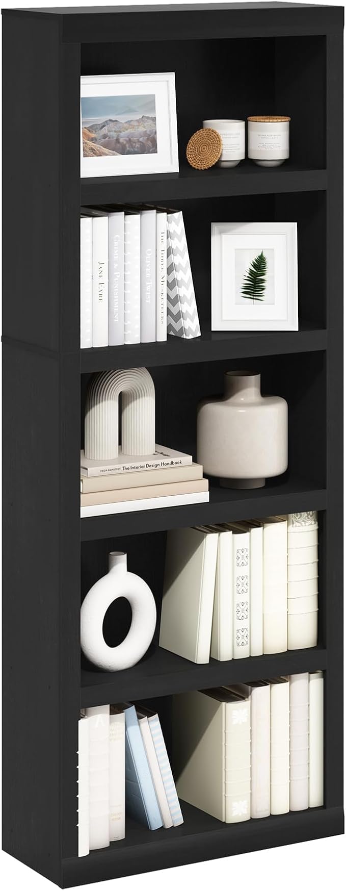 Furinno Rail Book Shelf, 5-Tier Bookshelf, Bookcase with Open Shelf, 10.1 x 24.6 x 63.5, for Living Room, Bedroom, Home Office, Blackwood