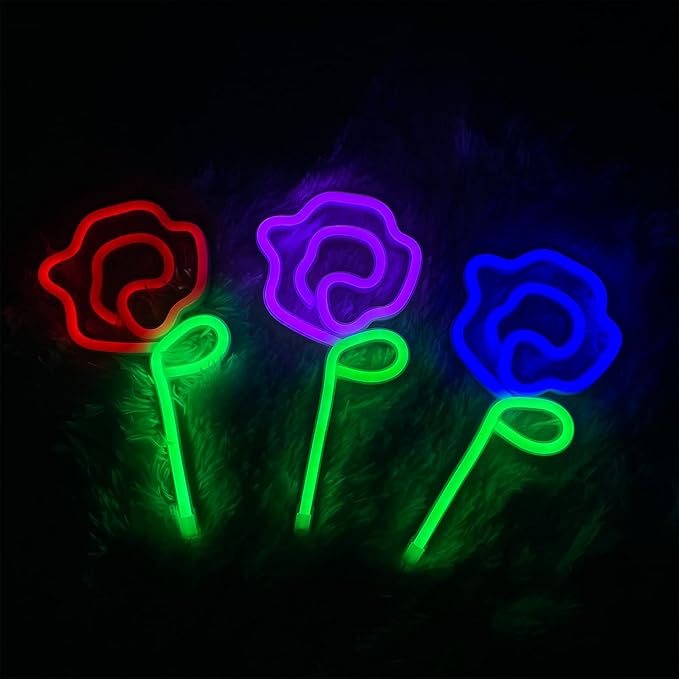 ENUOLI LED Neon Pink Rose Flower with Green Stem Wall Sign for Cool Light, Wall Art, Bedroom Decorations, Home Accessories, Party, and Holiday Decor Valentine's Day Present(Purple Rose)
