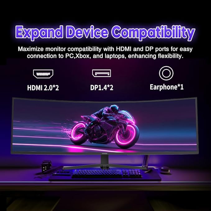 Viewedge 49" Curved Monitor Ultrawide Gaming 120Hz 1ms 32:9 DQHD 5120 x 1440P Computer Monitor, R1500, 110% sRGB, DisplayPort, HDMI,Support Crosshair and Wall Mount