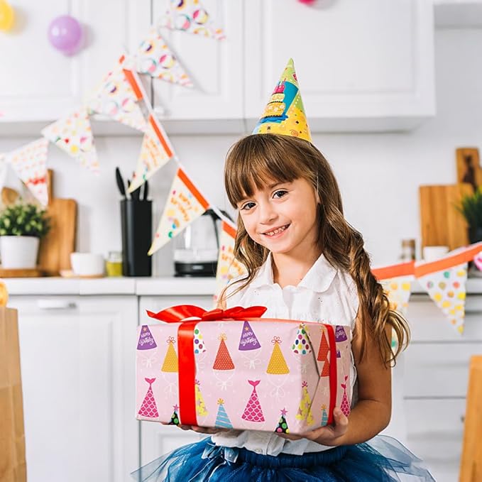 Birthday Wrapping Paper Sheet - 8 Sheets Folded Flat Gift Wrap with Colorful Hat, “Happy Birthday” Lettering, Rainbow with Clouds, Polka Dots for Party, Baby Shower - 20 X 28 Inch Per Sheet