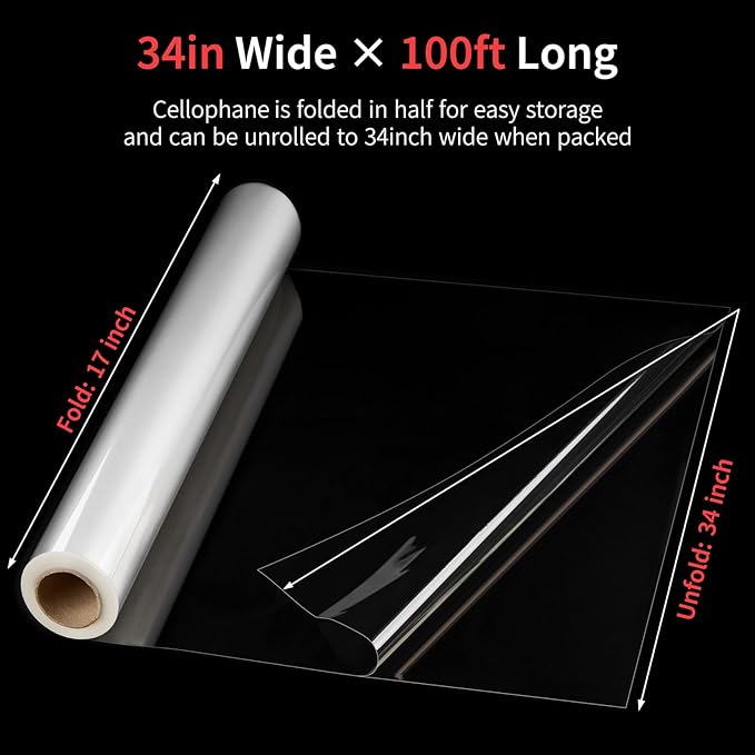 Jutieuo Clear Cellophane Wrap Roll | 100'Ft. Long X 34" In. Extra Wide | 2.5 Mil Thick Crystal Clear | Bouquet, Baskets, Gifts, Crafts, Treats, Wrapping | Food Grade (34" Fold into 17")