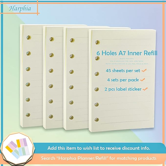 A7 Planner Refill,4 Packs per Set, Line Paper, A7 Binder Refills 6 Ring with Label Stickers Gift,Mini Binder Refills,6 hole/100gsm Thick Paper/4.84 x 3.23'', Harphia