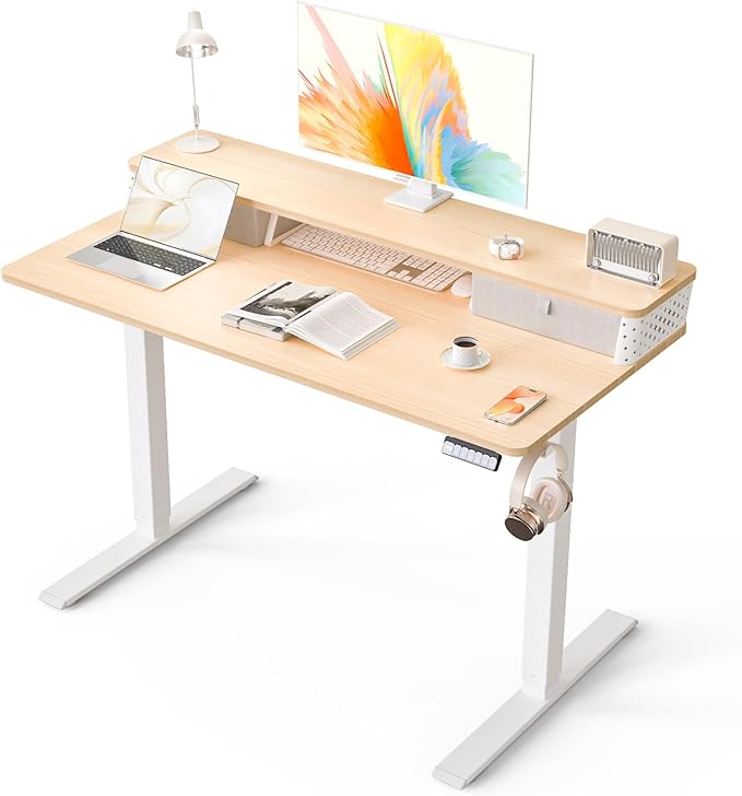 Electric Standing Desk with 2 Drawers 48''x 24'' Adjustable Height Sit to Stand Up Desk with Storage Shelf C-Clamp Mount Compatible Home Office Desks Computer Gaming Table Ergonomic Workstation
