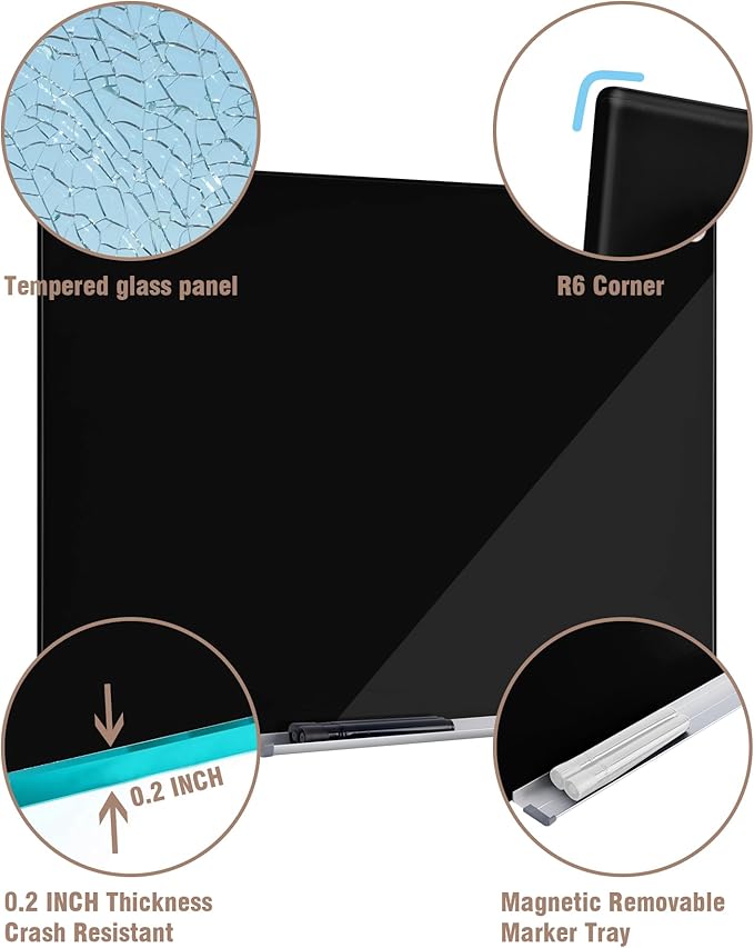 Mifuro Magnetic Glass Whiteboard，24"x18" Wall Mounted Frameless Dry Erase Board for Office, Home & School Black