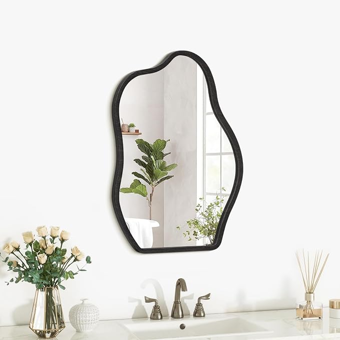 Irregular Mirror for Wall Decor Modern Asymmetrical Small Wall Mirror with Wooden Framed Unique Shape Vanity Artistic Cloud Mirror Decorative for Living Room Bedroom Bathroom