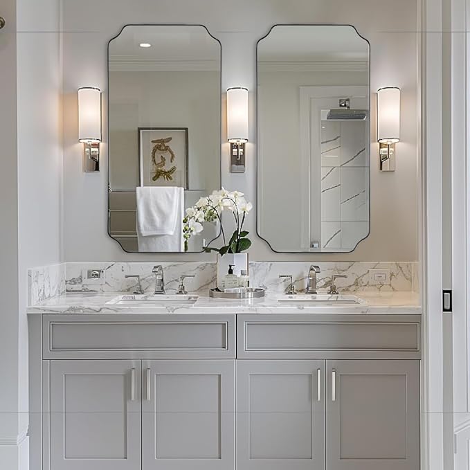 ANDY STAR 24"x48" Large Bathroom Mirror, Chrome Scalloped Wall Mirror, Polished Nickel Rectangle Mirror, Bathroom Vanity Mirror in Anti-Rust Stainless Steel Metal Frame, Vertically/Horizontally