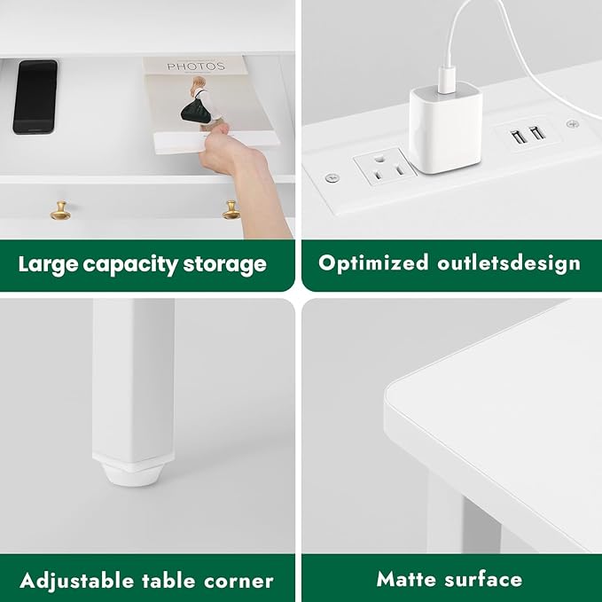 27 Inch Wide Night Stand, Large Wood Night Stand with 2 Drawers, LED Nightstand with Charging Station and Adjustable Drawer, Bedside Table for Living Room/Bedroom/Study/Office, White.