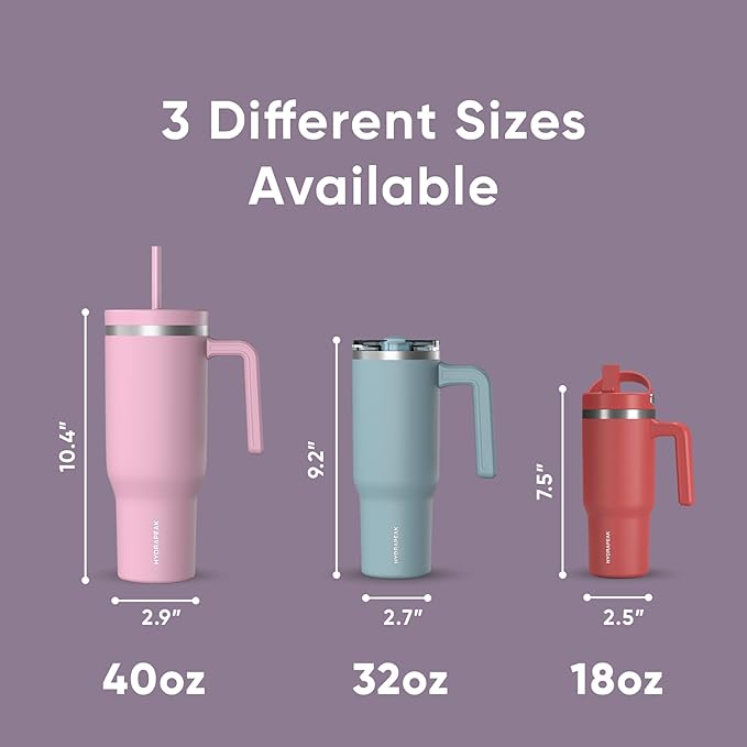 Hydrapeak Voyager 40 Oz Stainless Steel Tumbler with Handle, Insulated Water Bottle With Straw & Lid, Cupholder Friendly Reusable Travel Mug (Mauve)