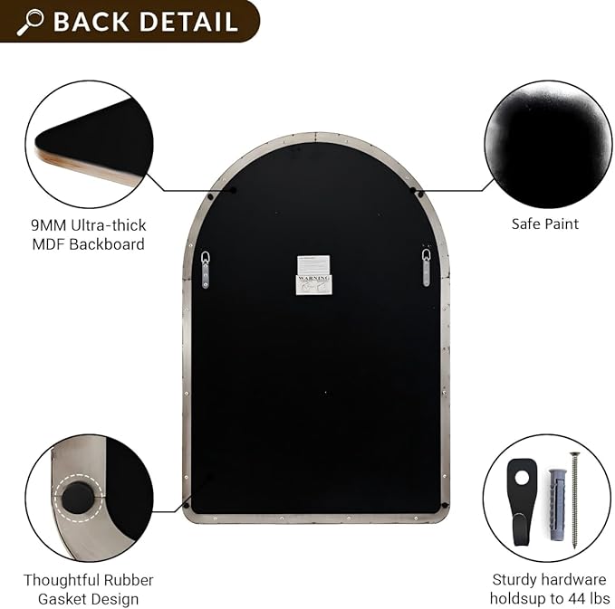 ANDY STAR Arched Mirror, 28 x 36 Inch Brushed Nickel Wall Mirror in Stainless Steel Metal Frame, Arch Top Rounded Corner 1 Inch Deep Set Design Wall Mount Hangs Vertical