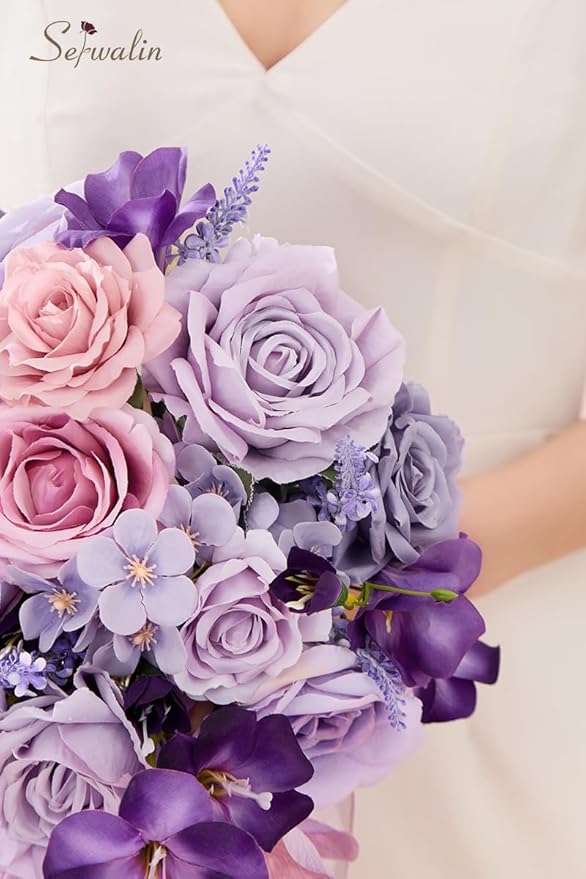 Serwalin 11 Inch Wedding Bouquets for Bride Bridesmaid, Purple Bridal Bouquets for Bride, Artificial Bouquets of Flowers for Wedding Ceremony Bridal Shower and Anniversary Day Decor