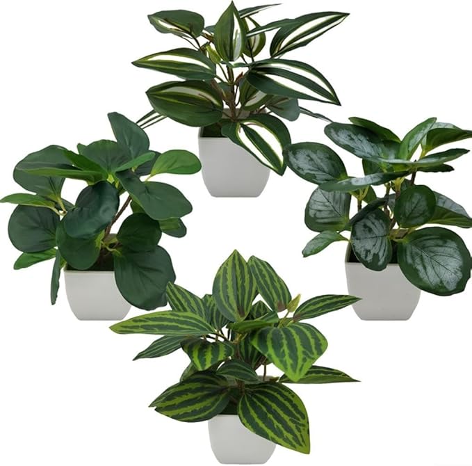 FABULETTA Artificial Potted Plants Set of 4 Small Faux Greenery for Indoor Home Decor, Realistic Plastic Mini Plants for Living Room, Bedroom, Kitchen, Office Shelves