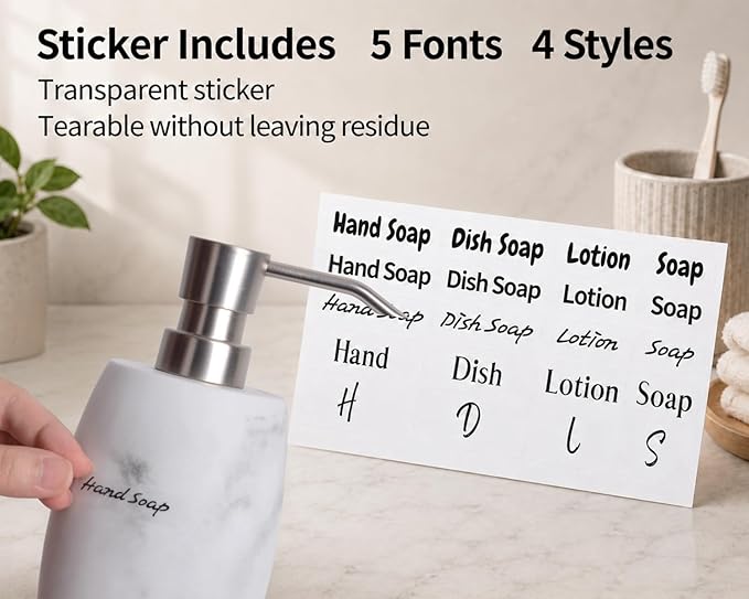 Clasin Home Resin Hand Soap Dispenser, Refillable Soap Dispenser with White Marble Look and Metallic Pump, Waterproof Bottle Labels for Bathroom Kitchen Dish Hand Wash Shower Lotion Shampoo (12 Oz)