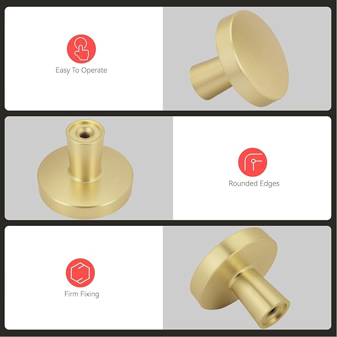 homdiy 50 Pack Gold Cabinet Knobs Round Brushed Brass Kitchen Handles Zinc Alloy Metal Hardware for Dresser Drawer Desk Cupboard