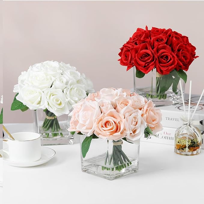 18 Heads Rose Faux Flowers in Vase, Aritificail Rose Floral Arrangement with Vase for Dining Table, Bedroom, Wedding Decor (Champagne)