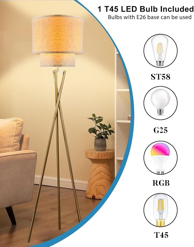 Lightdot Tripod Floor Lamp, Modern Floor Lamps for Living Room, Standing Lamp with Dual Drum, E26 Bulb Included, 67.7" Tall Floor Lamp for Bedroom, Home Office