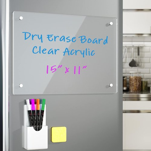 Magnetic Acrylic Note Board by [Brand Name] - Clear Dry Erase Refrigerator Board | 15”x11” with 4 Markers
