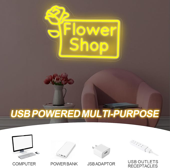 Flower Shop Neon Sign Plants Market Decor Flower Bar Sign Home Business Decor for Room,Party,Bedroom, Birthday Party, Pub, Bar, Salons, Coffee Shops, Beer Bar, Shop Window Store Display Yellow