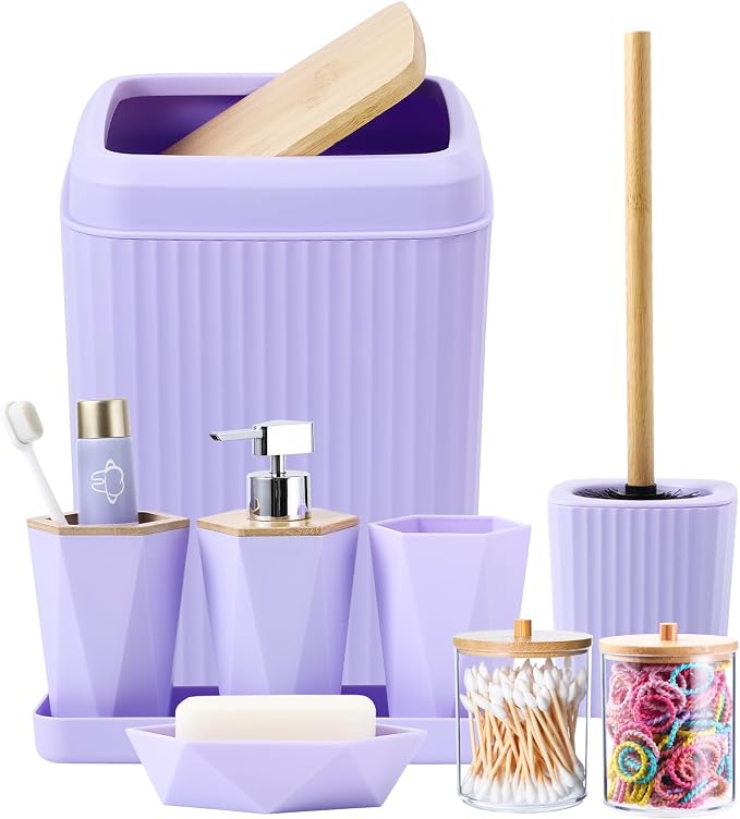 Bathroom Accessories Set, 9 Pieces Bamboo Bathroom Set with Trash Can, Tray, Soap Dispenser, Soap Dish, Toothbrush Holder, Toothbrush Cup, Toilet Brush and Qtip Holders
