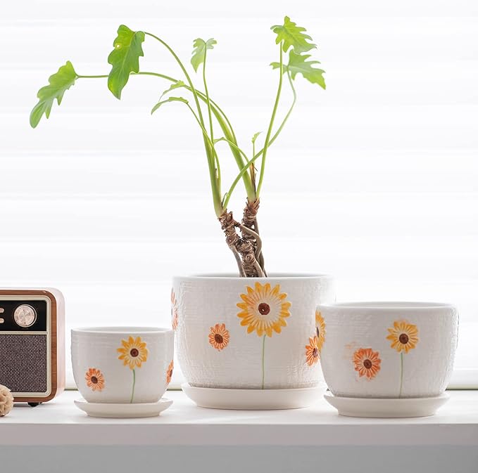 Ton Sin Ceramic Plant Pots for Indoor Houseplants, Cute Decorative Flower Planters with Drainage Holes & Matching Saucers, Hand-Painted Yellow Sunflower Design, 6.7/5.5/4.3 Inch Sizes