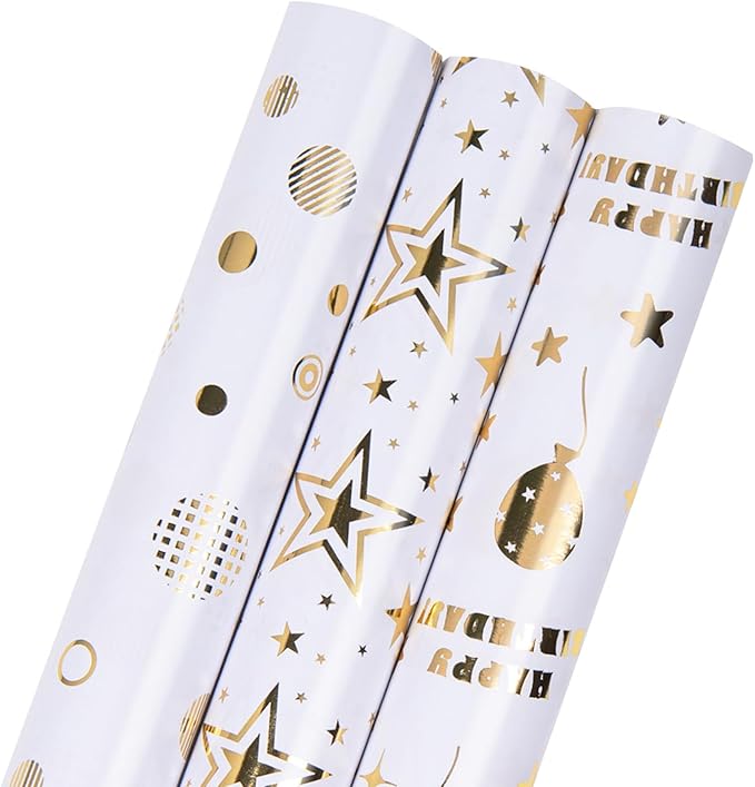 Linnoptimix Birthday Wrapping Paper Rolls -3 LARGE ROLL-27inch*78 inch per roll Colorful Foil wrapping paper(Birthday 3 White/Gold（008）)