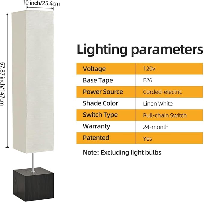 Column Floor Lamp – Natural Wood Base&Rice Paper, Japanese lamp，with Square Base for Living Room,Office, Kids Room, Reading, Home Decor, Off White, 58"
