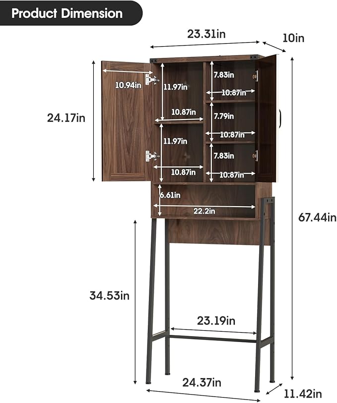 Vabches Over The Toilet Storage Cabinet with 2-Door Design Bathroom Organizers and Storage with Anti-Tip Device Over Toilet Organizer with Shelves for Bathroom,Restroom,Laundry Espresso