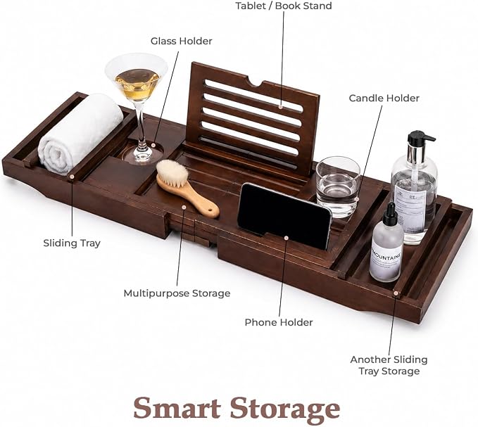 Expandable Teak Wood Bathtub Tray Caddy with Wine Glass Holder – Adjustable Luxury Wooden Bath Tub Tray Table for Spa, Book, Tablet & Bathroom Accessories