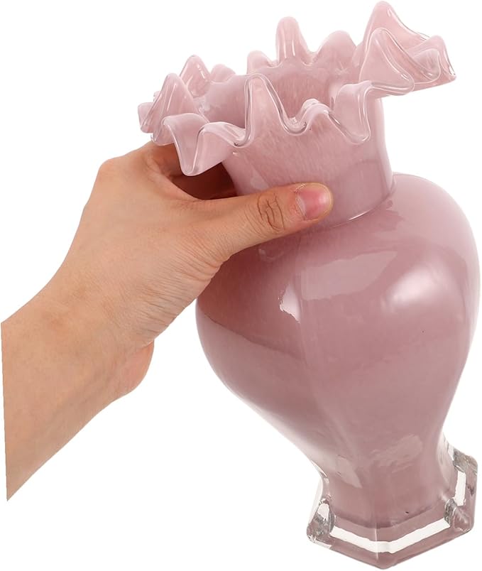 Pearlescent Pink Handblown Glass Vase with Artistic Curved Rim Unique Decorative Flower Display for Home Decor Living Centerpiece Wedding Table Accent