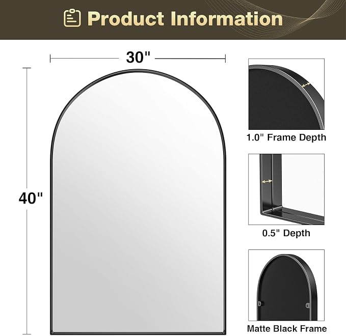 Brightify Arched Mirror, 30 x 40 Inch Black Arch Mirror, Metal Frame Black Arched Wall Mirror, Arched Top Bathroom Vanity Mirror for Living Room Bedroom Mantel Entryway Hallways