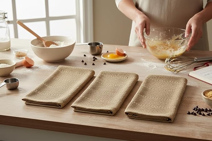 Mocha Light Brown Tan Kitchen Hand Dish Towels: Oversized 28" x 18",100% Cotton Cloth Soft Cleaning Drying Absorbent Textured Design, Set of 3 Multipurpose for Everyday Use (Toasted Coconut)