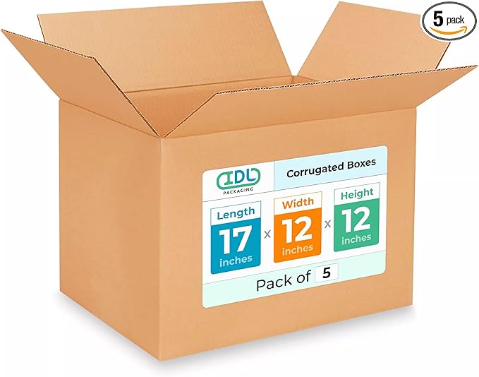 Medium Shipping & Moving Boxes 17 x 12 x 12 inches (5-Pack) - Extra Strength 200 lb vs Regular - Corrugated Cardboard Boxes, Made in USA - Durable Moving Box - Package Box by IDL Packaging