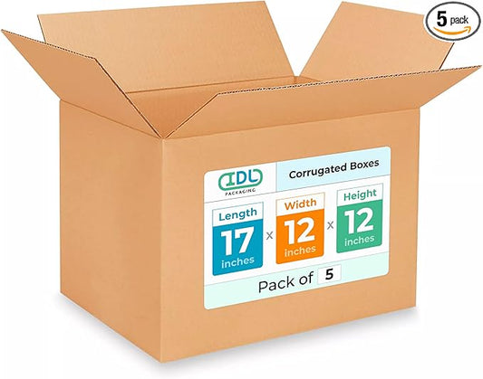 Medium Shipping & Moving Boxes 17 x 12 x 12 inches (5-Pack) - Extra Strength 200 lb vs Regular - Corrugated Cardboard Boxes, Made in USA - Durable Moving Box - Package Box by IDL Packaging