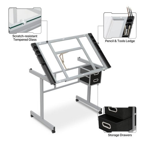 MoNiBloom Drafting Table - Adjustable 0-65° Glass Top on Wheels with Storage & Side Tray