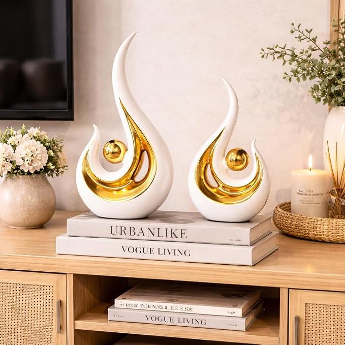 2Pcs Abstract Art Ceramic Statue, Modern White Gold Sculpture for Home Decor, Shelf Decorations Table Centerpiece for TV Stand, Console Table, Dining Room, Living Room, Office