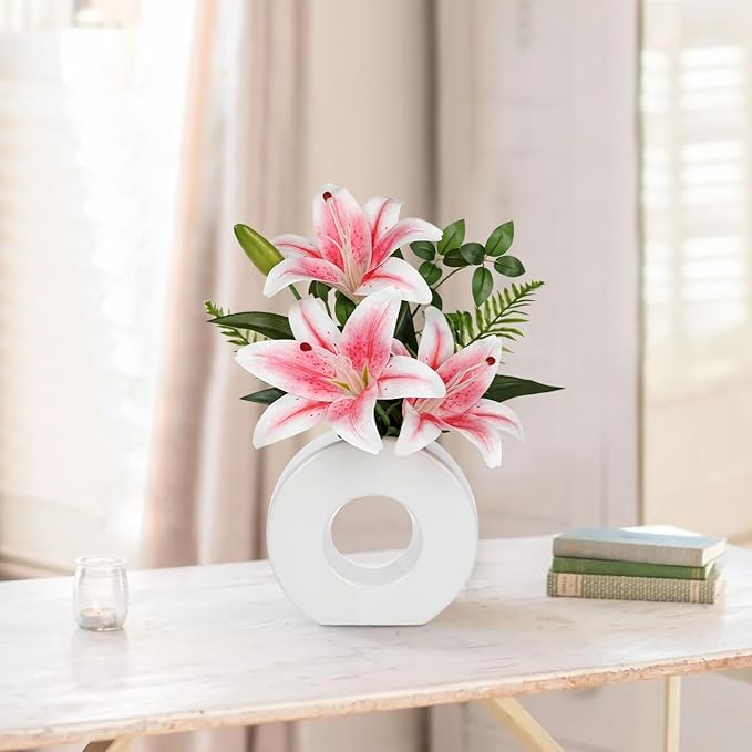Artificial Flowers in Vase 13" Realistic Fake Lilies Flowers with 3 Heads Full Bloom Tiger Lily Floral Arrangement Pink Faux Flowers for Vase Table Centerpieces Home Wedding Bathroom Office Decor