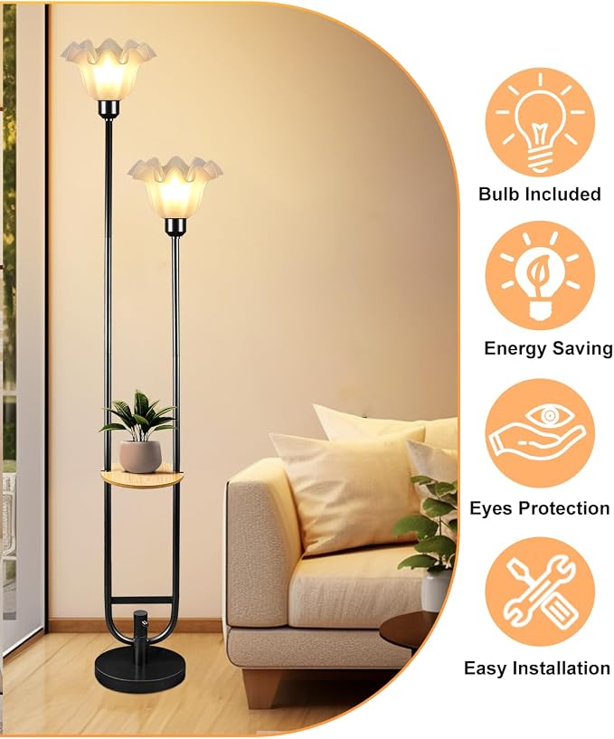 Flower Floor Lamps with Table, 2-Lights Floral Floor Lamp Dimmable, 3000K Warmwhite Modern Floor Lamp, Vintage Black Standing Lamp with 5Lbs Heavy Base for Living Room Bedroom Girls Room