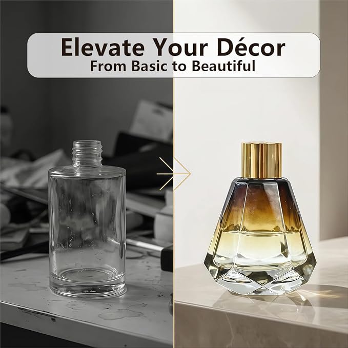 2Pcs 60ml/2oz Empty Refillable Amber Diamond Shape Glass Diffuser Bottle with Gold Lid Essential Incense Oil Diffuser Jars Fragrance Scent Diffuser for Home Office Shelf Decor (Exclude Sticks)