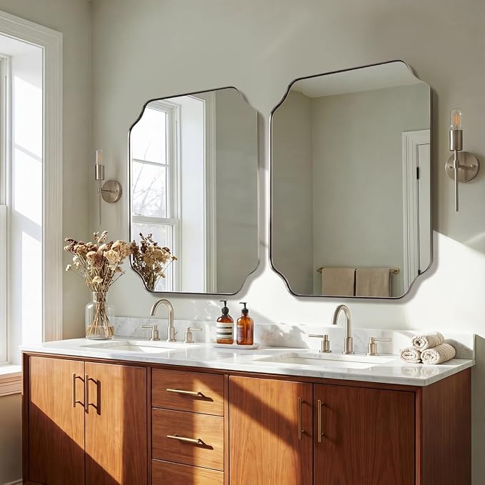 ANDY STAR 28x36 Inch Brushed Nickel Mirror, Silver Bathroom Mirror for Over Sink, Rounded Notched Corner Mirror in Anti-Rust Stainless Steel Thin Frame, Wall Mount Vertically or Horizontally
