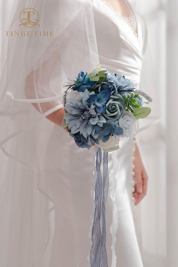 TINGE TIME 9 inch Bridal Bouquets for Bride, Artificial Silk Flowers Tossing Bouquet, Bride Bouquets for Wedding, Ceremony, Anniversary(Dustyblue)
