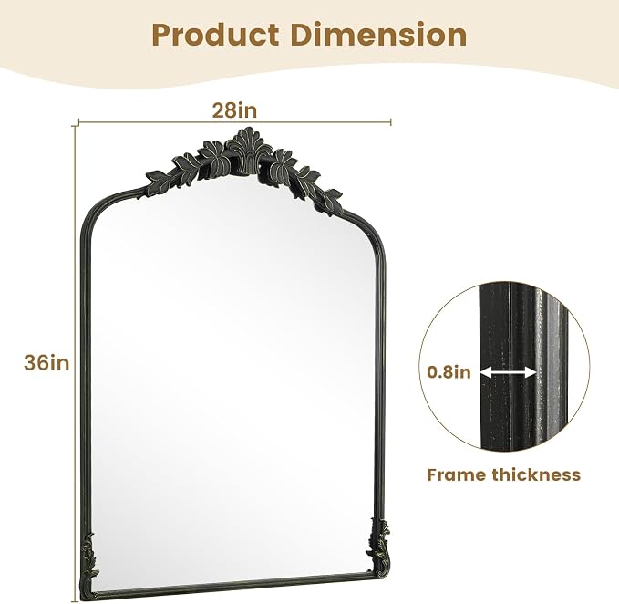 WallBeyond Black Antique Mirror for Vanity 28x36 Inch, Black Vintage Mirror with Ornate Frame, Arched Vintage Wall for Bathroom, Living Room, Fireplace