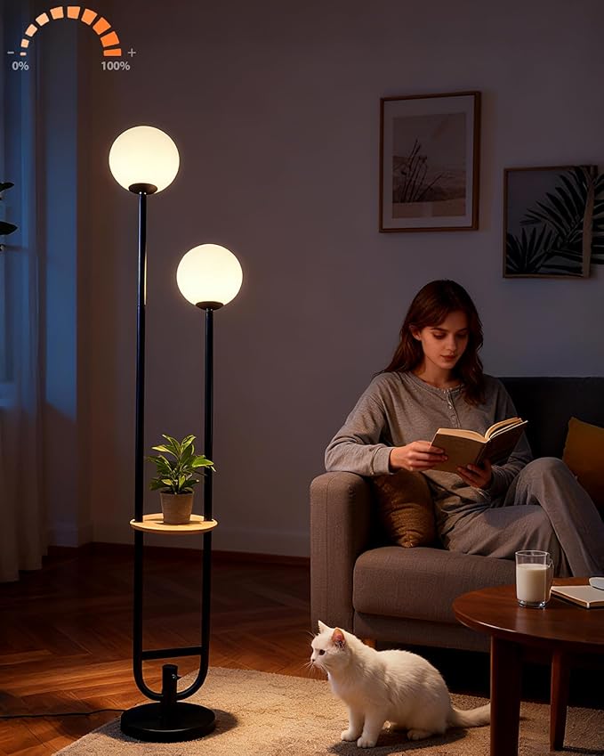 63IN 2-Globe Floor Lamp Dimmable Tall Standing Lamps with Table 3000K Warm White Unique Vintage Modern Mid Century Floor Lamp with 5Lbs Heavy Base for Living Room-Black