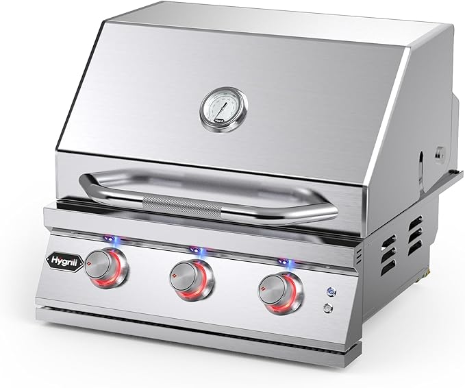 Hygrill Premium XTR 3-Burner Built In Grill, Stainless Steel Grill Head for Outdoor Kitchen with LED Lights, Liquid Propane
