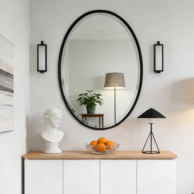 POZINO Oval Beveled Mirror, 24"x36" Bathroom Vanity Mirror for Over Sink, Matte Black Modern Oblong Wall Mirror for Living Room Entryway Bedroom Hallway Fireplace, Hangs Horizontal Or Vertical