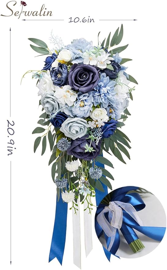 Serwalin 9.8 Inch Wedding Bouquets for Bride Bridesmaid, Dusty Blue Bridal Bouquets for Bride, Wedding Flowers Bouquet Tossing Bouquet, Wedding Ceremony and Anniversary Decoration