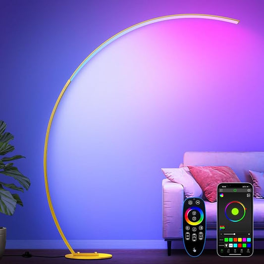 RGB Floor Lamp with 3 Color Temperatures, Ultra Bright 1800LM Smart Arc LED Floor Lamp with Remote Control, Music Sync, Scene Modes, Modern Standing Tall Lamp for Bedroom Living Room Gaming Rooms-Gold