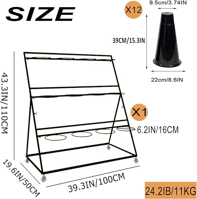 Flower Display Stand, 3 Layers Heavy Duty Moving Plant Cart Shelf With Wheels and Bucket, Wrought Iron Florist Shelf, for Patio Garden,Florist,Outdoor Flower Pop-Up Events (Black Shelf - Black Bucket)