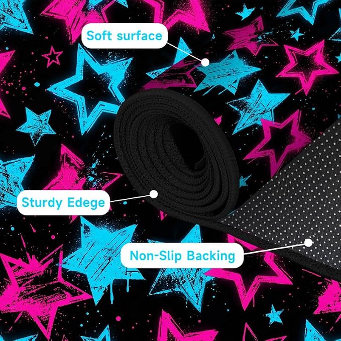6'x9' Neon Star Area Rug Black Pink and Blue Floor Mat Abstract Star Print Rugs Washable Non-Slip Carpet for Bedroom Living Room Nursery Kitchen Playroom Home Decor