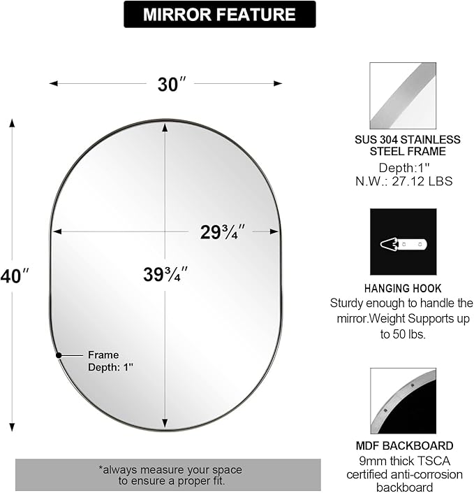 ANDY STAR Brushed Nickel Oval Bathroom Mirror, 30x40 Oval Nickle Mirror Pill Shaped in Premium Stainless Steel Metal Frame 1”Deep Wall Mounted Horizontal/Vertical